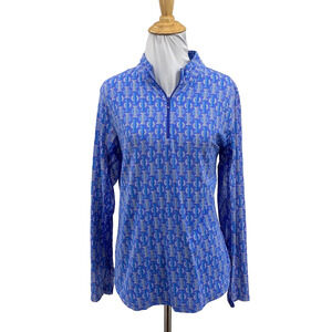 Icikuls Shirt Womens L Large Lapis White Art Deco Mesh Long Sleeve 1/4 Zip Golf